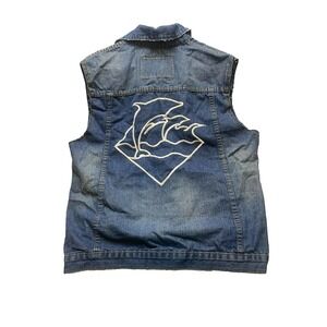 Pink Dolphin Vest Adult Large Blue Denim Button Up Patch Embroidered Kidcore Men